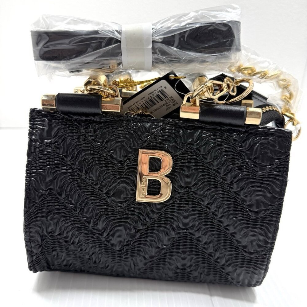 Bebe Black Mini Satchel Bag Gold Chain Crossbody Textured Top Handle NWT